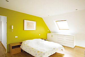 Schlafzimmer Wandfarbe Innenraum gelb grün